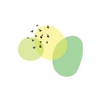 Abstract illustration with overlapping green and yellow shapes and scattered brush marks. vector