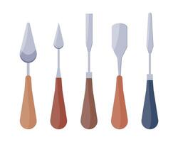 Set of palette knives of different shapes. Equipment for applying paint to canvas, mixing colors, smoothing vector