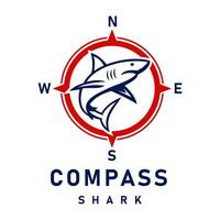Shark Illustration with Compass Elements Marine Logo Design vector