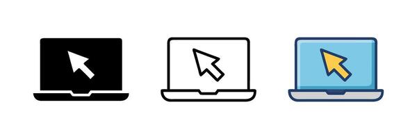 Laptop with pointer or cursor icon isolated. Notebook screen template. Display with clicking mouse on white background. vector