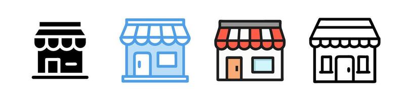 Set of store icons featuring various shop designs. Clean illustrations on a white background, ideal for retail, e-commerce, and business visuals vector