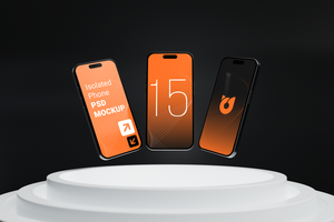 Three Isolated Floating Phone 15 on Podium Perspective Side 3D Rendering Dark Scene psd
