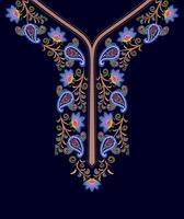 Embroidery V neck design with floral paisley patterns and vine scroll motifs on a navy background vector