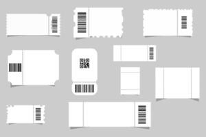Stub rip line realistic ticket with barcode and shadow on gray ground. vector