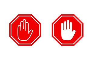 Red octagonal stop sign with hand. No entry stop hand symbol for prohibited activities. vector