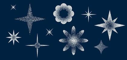 Grain star set. Black noise texture asterisks collection. Black stippled flares. Halftone sparkles. vector