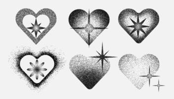 Set of y2k futuristic grain heart and stars shapes. Vintage halftone effect trigon. Fading gradient. vector