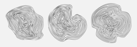 Set of abstract wavy wood circle. Hand drawn tree ring pattern. Abstract ripple circular concentric texture. Organic shape vector