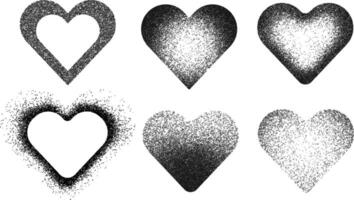 Set of gradient grain heart shape. Elements design. Hearts with faded gradation of noise grain. vector