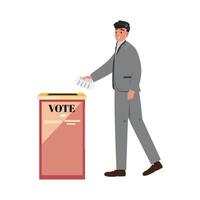 Man dressed in a suit is placing a voting document into a voting box vector