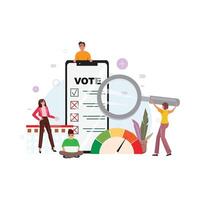 Smartphone displaying a digital voting form. Nearby people I. different poses with magnifying glass, laptop and voting documents. Future, election, digital concept vector