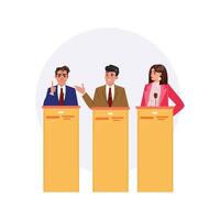 Political candidates debating at podiums, discussing policies and presenting their agendas to the public vector