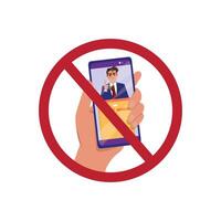 Hand holding a phone showing a political figure, with a red circle and line symbol indicating restriction, potentially emphasizing a ban on virtual voting or endorsement vector