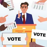 Politician at a podium speaking into a microphone with raised finger, while supporters around him hold Vote signs and point fingers in approval vector
