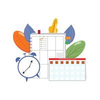 Notebook, calendar, and clock with a background of green leaves vector
