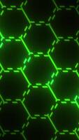 Abstract background with animation moving of dark surface with glowing track of energy. Motion. Technological backdrop with grid surface with neon stripes. video
