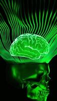 3D animation of glowing brain. Design. Stylish glowing skull with brain on black background. 3d skull animation with glowing brain and lines video