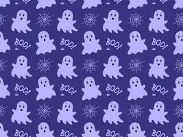Cute Halloween seamless pattern with ghosts, boo, spider web on blue background, flat design vector