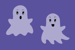 Cute Halloween ghosts, flying half-transparent objects on blue background, editable illustration, flat design style vector