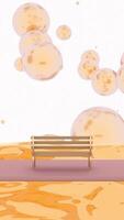 3D animation with bench. Design. 3D animation of space with bench and bubbles. Bench wit colored river and moving bubbles on background video