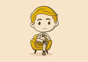 Retro boy character sitting on the sofa and drinking coffee design in brown background vector