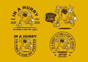 In a hurry to find a cup of coffee. Running coffee cup character in retro vintage style. in four different type vector