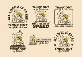 All i need is speed. Retro cute turtle riding a bicycle mascot character illustration in six different type vector
