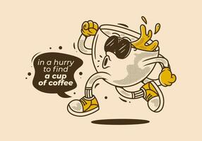 In a hurry to find a cup of coffee. Running cup character in retro vintage style vector