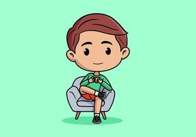 Cute boy character sitting on the sofa and drinking coffee design. in green background vector