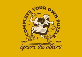 Complete your own puzzle, ignore the others. Retro Mascot character of puzzle in running pose vector