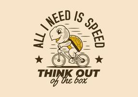 All i need is speed. Badge Retro cute turtle riding a bicycle mascot character illustration vector