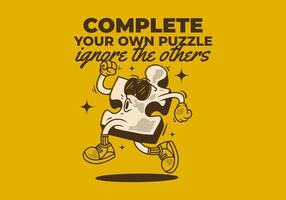 Complete your own puzzle, ignore the others. Yellow Mascot character of puzzle in running pose vector