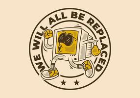 Computer monitor character design in running pose with retro vintage style in circle shape vector