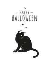 Black cat silhouette with text and bats on white background. Happy Halloween card in a minimalist style vector