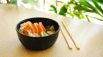 A bowl of sushi with chopsticks on top of a table video