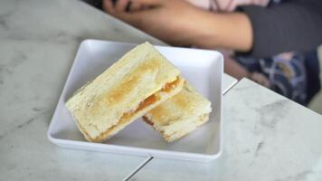 A sandwich on a white plate with a person sitting in front of it video