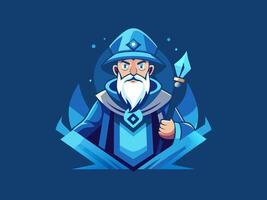 Old wizard and reading on Blue background. Warlock, sorcerer, old beard man in blue wizards robe, hat. vector