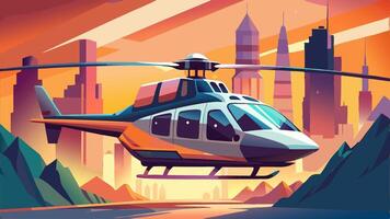 Illustration of Realistic Flat Helicopter in Buildings and Mountains Background Simple Colored Drawing Isolated Background vector