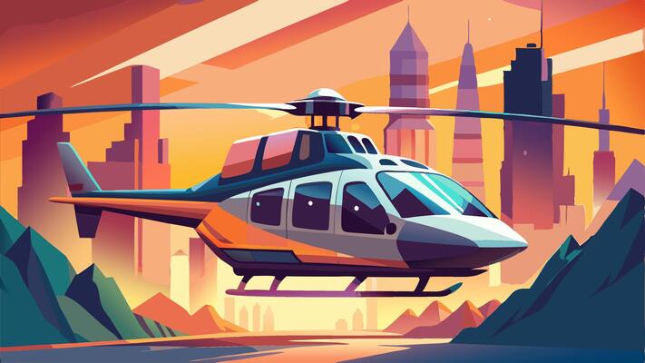 Illustration of Realistic Flat Helicopter in Buildings and Mountains Background Simple Colored Drawing Isolated Background