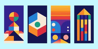 Set of 4 Minimalist Vintage Geometric Posters. Bauhaus-Inspired Wall Art with Abstract Circles, Triangles, and Squares vector