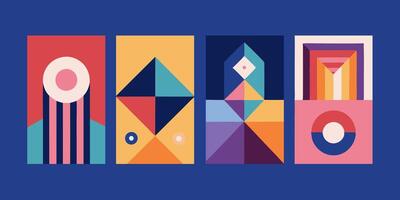 New Retro Design Collection 4 Minimalist Geometric Posters for Wall Art Featuring Primitive Shapes Circles Triangles and Squares Illustration vector