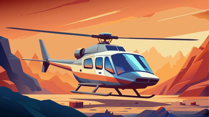 Illustration of Realistic Flat Helicopter in Mountains Background Simple Colored Drawing Isolated Background