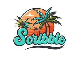 Scribble Beach Logo illustration with Coconut Trees and Clouds vector