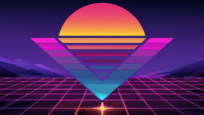Vaporwave Retro Futuristic 80's Synthwave Landscape and Sun Background. 3D illustration Render
