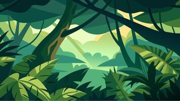 Full Green and Yellow Jungle Nature Background with tons of Tress, Plants and Sun Rays Touching the Plants and Trees Background Nature Illsutration vector