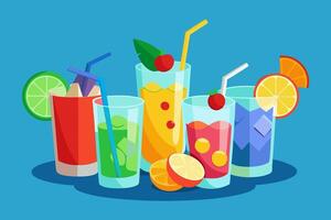 3D Elegant Array of Ice-Cold Cocktails Featuring Bright Lemons and a Rich Palette of Flavors for a Lively Presentation Flat Illustration vector