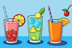 Artistic Display of Vibrant Cocktails with Ice, Fresh Lemon, and a Wide Range of Flavorful Enhancements for a Lively Vibe vector