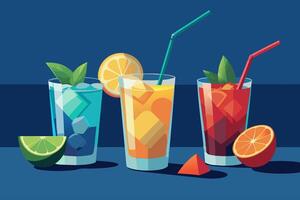 3D Realistic Richly Detailed Illustration of Ice-Cold Cocktails Featuring Lemon Slices and an Array of Exciting Flavors Flat Illustration vector