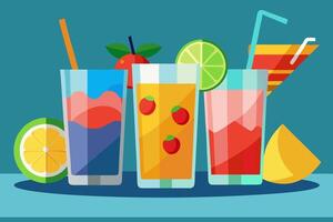 Stunning Presentation of Mixed Cocktails with Lemon Garnishes, Ice Cubes, and a Burst of Flavorful Elements Flat Illustration vector