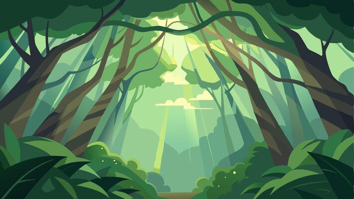 Green Forest Background with lots of Tress, Plants and Sun Rays Touching the Plants and Green Trees Nature template